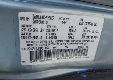 2005 Dodge Grand Caravan Sxt z USA, uszkodzony, nr VIN 2D4GP44L85R114074